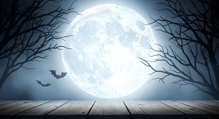 Naklejka premium Spooky Halloween night with full moon, silhouetted trees, and flying bats over a wooden deck, creating a mysterious atmosphere