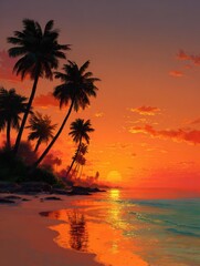 tropical paradise with palm trees silhouetted against a vibrant sunset on a sandy beach vacation dreams