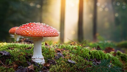 fly agaric mushroom in forest