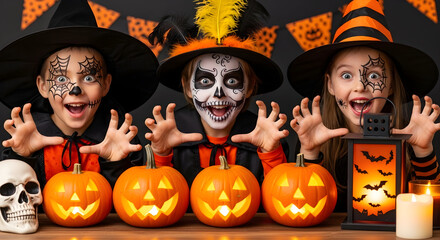 Fototapeta premium Spooky Halloween kids dressed as skeletons and witches with pumpkins and skull decoration