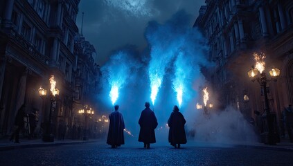 Three figures in dark robes, backlit by vibrant blue flames, stand on a cobblestone street between tall buildings at night; blue smoke fills the air