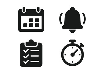 Time management icons set, solid filled vector symbols of calendar, reminder bell, checklist, stopwatch, hour marker, productivity tools, organizational planning elements