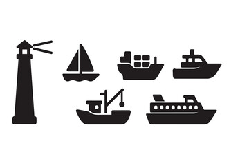 Solid black vector ship icons set including lighthouse, sailboat, cargo ship, fishing boat, yacht, and ferry, maritime transport symbols on transparent background