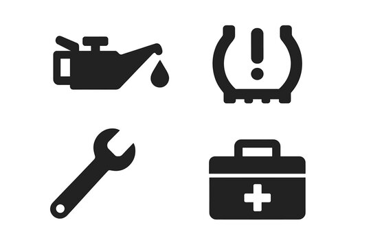 Vehicle maintenance solid icon set. Car service and repair symbols. Engine oil can, tire pressure warning light, wrench tool, and first aid kit. Vector glyph icons for drivers.