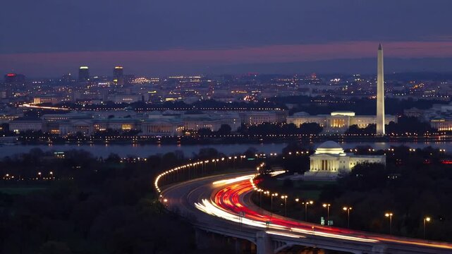 The metropolitan skyline of national capital at nightfall with vehicular movement trails on major highway
