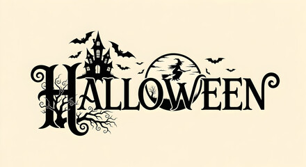 Naklejka premium Happy Halloween spooky text illustration with a haunted house, bats, and a witch flying on a broomstick for a festive celebration