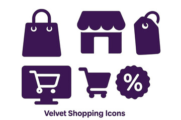 Velvet shopping icons. Solid glyph icon set for e-commerce, retail, and online stores. Includes shopping bag, price tag, discount, and online cart symbols for web and app.