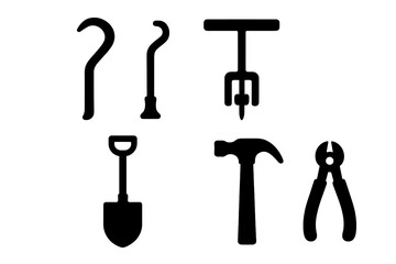 Solid filled tool icon set, stake removal and maintenance tools including crowbar, stake puller, shovel, hammer, wire cutter, vector illustration on transparent background