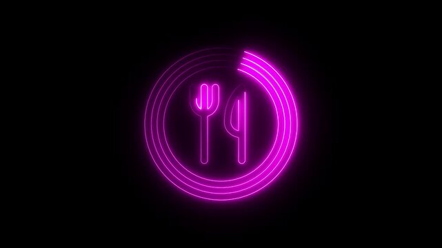 Neon Sign Restaurant Eating Symbol Fork Knife on Plate Purple Glowing Black Background Food Service Dining Concept Modern Minimalist 4k video