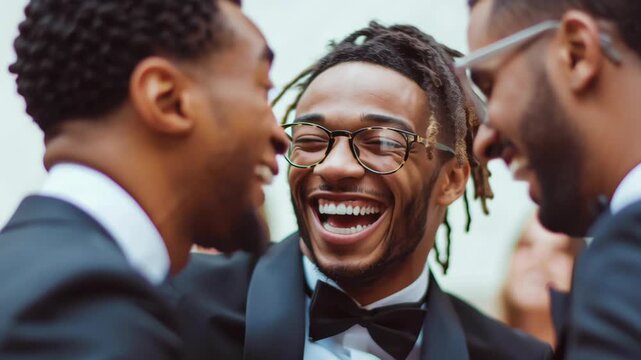 Young man with dreadlocks and glasses laughing joyfully in formal black tuxedo with bow tie at social event smiling with friends in tuxedo