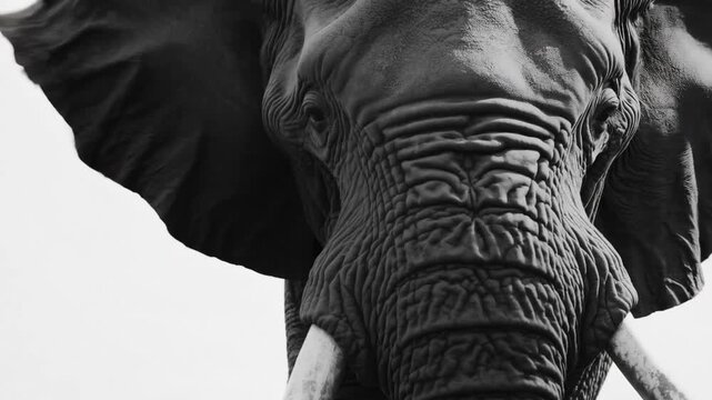 African Elephant Head in Black and White Isolated on Pure White Background