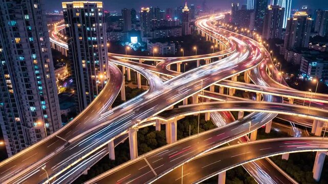 overhead perspective of complex road junction in major Asian metropolis at night with motion blur effects