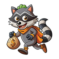 raccoon tiptoes quietly, clutching a money bag as a clever little thief