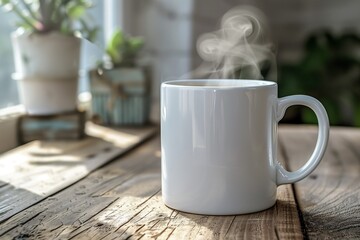 White ceramic coffee mug with steam, placed on clean wooden table, blank space for logo mockup.