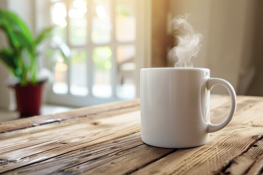 White ceramic coffee mug with steam, placed on clean wooden table, blank space for logo mockup.