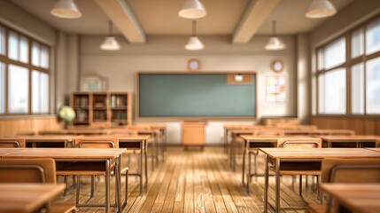Empty classroom with wooden desks and green blackboard, ready for learning and education