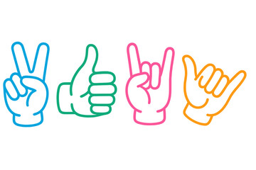 Obraz premium Various Hand Gestures Showing Peace Sign, Thumbs Up, Rock Love, and Shaka Fun Symbols in Colorful Outline Style on Clean Background, Vector Cartoon Illustration