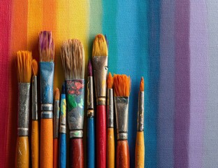 Paintbrushes of varying sizes and colors arranged on a vibrant rainbow-hued canvas
