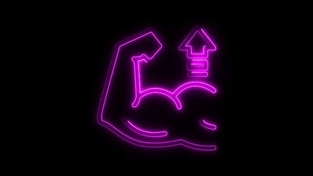 Glowing neon pink icon representing muscle toning and fat reduction with downward arrows on a black 4k video