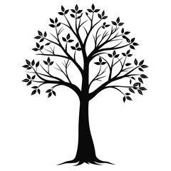 Obraz premium Black Silhouette of a Tree with Leaves and Visible Roots on White Background vector illustration
