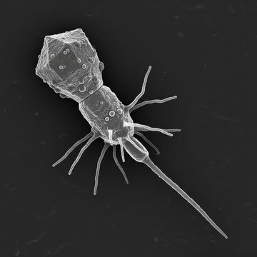 High Magnification Scanning Electron Micrograph of a Bacteriophage Lambda Virus with Its Icosahedral Head

