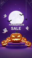 Fototapeta premium Halloween Sale Jack o lanterns Ghosts Bats Moon Background jack