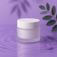 White cosmetic jar mockup on purple background with tropical leaves.