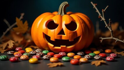 Gleaming jack o'lantern with candies and autumn leaves setting the halloween mood