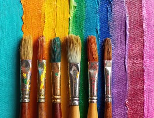 Paintbrushes resting on a vibrant rainbow canvas