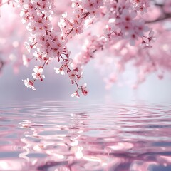 Scenic background with sakura petals drifting down onto the water.