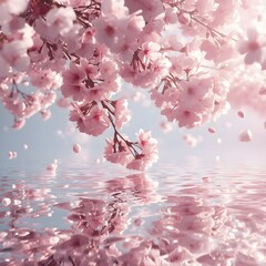 Scenic background with sakura petals drifting down onto the water.