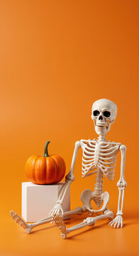 Halloween Skeleton with Pumpkin on Orange Background autumn octo