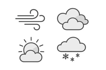 Minimalistic Weather Icons Set Featuring Wind, Clouds, Sun, and Snowfall Illustrations for Atmospheric and Environmental Design, Transparent Background Vector Cartoon Collection