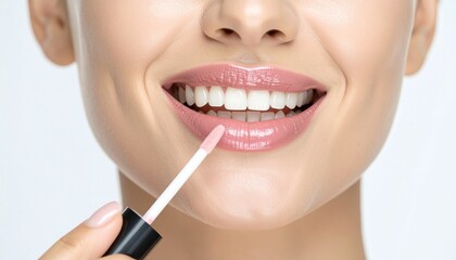Close-up of a smiling woman's mouth as she applies glossy pink lip gloss with a wand applicator, showcasing her perfect white teeth and smooth skin.