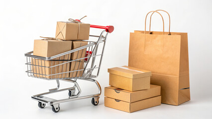 Mini shopping cart cardboard box paper bag parcel delivery e commerce online shopping retail shipping logistics