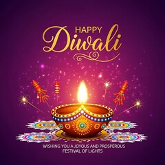 Happy diwali celebration with a glowing diya lamp, fireworks, and rangoli design on a purple background, wishing you a joyous and prosperous festival of lights