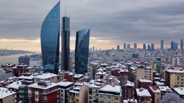wide-angle perspective of urban architectural evolution displaying the juxtaposition of classical structures and contemporary high-rises during snowy conditions