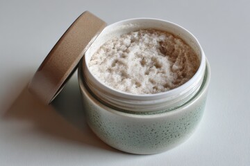 Open jar of bath salt on table, spa background