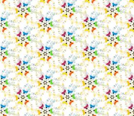 Colorful butterfly kaleidoscope pattern with intricate floral designs in the background