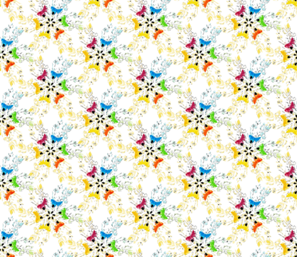 Colorful butterfly kaleidoscope pattern with intricate floral designs in the background