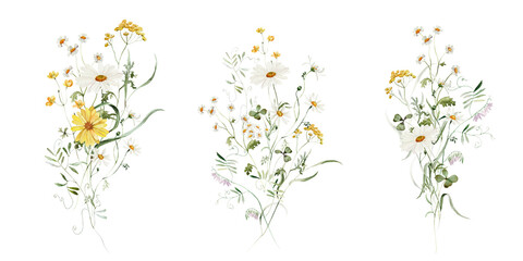 Bouquets Set. Watercolor colorful wildflower floral clipart - flower forest meadow green red herbs leaves. Wedding invitation, fashion, background, textile. Fern, shamroock, chamomile, ivy strawberry.