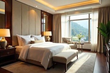 Luxurious king-size bedroom with plush bedding, elegant d?cor, and large windows offering natural light Perfect for interior design, hotel, or real estate websites , natural light, headboard