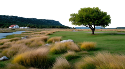 Tranquil Landscape: A lone tree stands in a vast grassy field beside a reflective lake, backed by rolling hills and a quaint rural house. 
