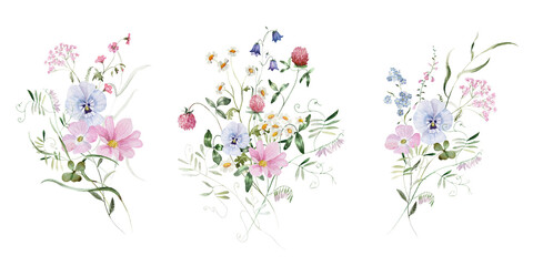 Bouquets Set. Watercolor colorful wildflower floral clipart - flower forest meadow green red herbs leaves. Wedding invitation, fashion, background, textile. Fern, shamroock, chamomile, ivy strawberry.