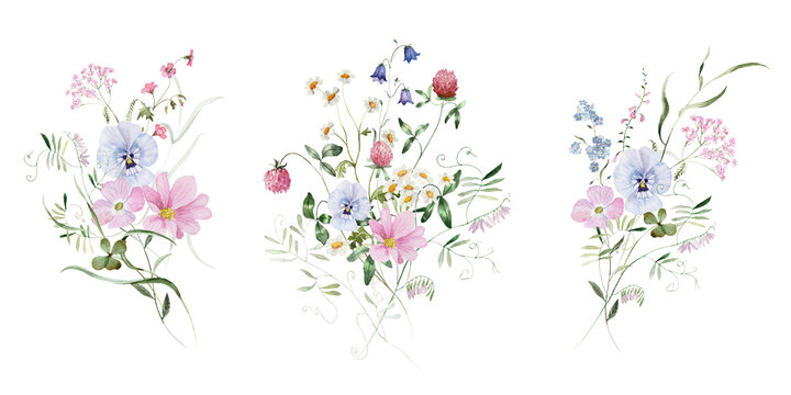 Bouquets Set. Watercolor colorful wildflower floral clipart - flower forest meadow green red herbs leaves. Wedding invitation, fashion, background, textile. Fern, shamroock, chamomile, ivy strawberry.