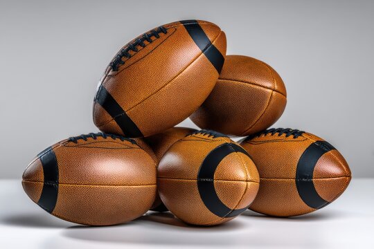Stacked rugby balls showcase craftsmanship and passion for sports in a modern setting