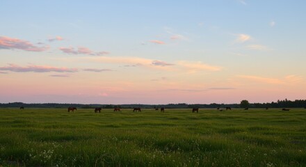 Green Pasture at Sunset Cattle Grazing Under a Pastel Sky