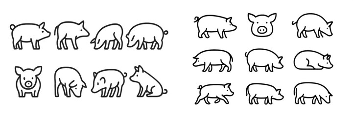Collection of stylized pig icons in various poses
