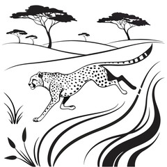 Cheetah running through the African savanna with acacia trees and grass Keywords: cheetah, running