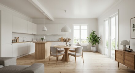 Fototapeta premium Bright Minimalist Kitchen and Dining Area Design